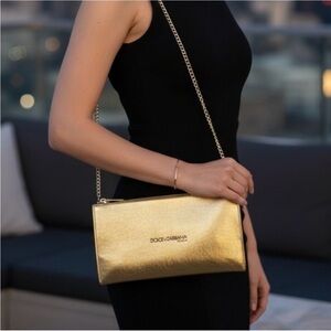 Dolce & Gabbana Gold Clutch with Chain logo faux leather purse bag shoulder